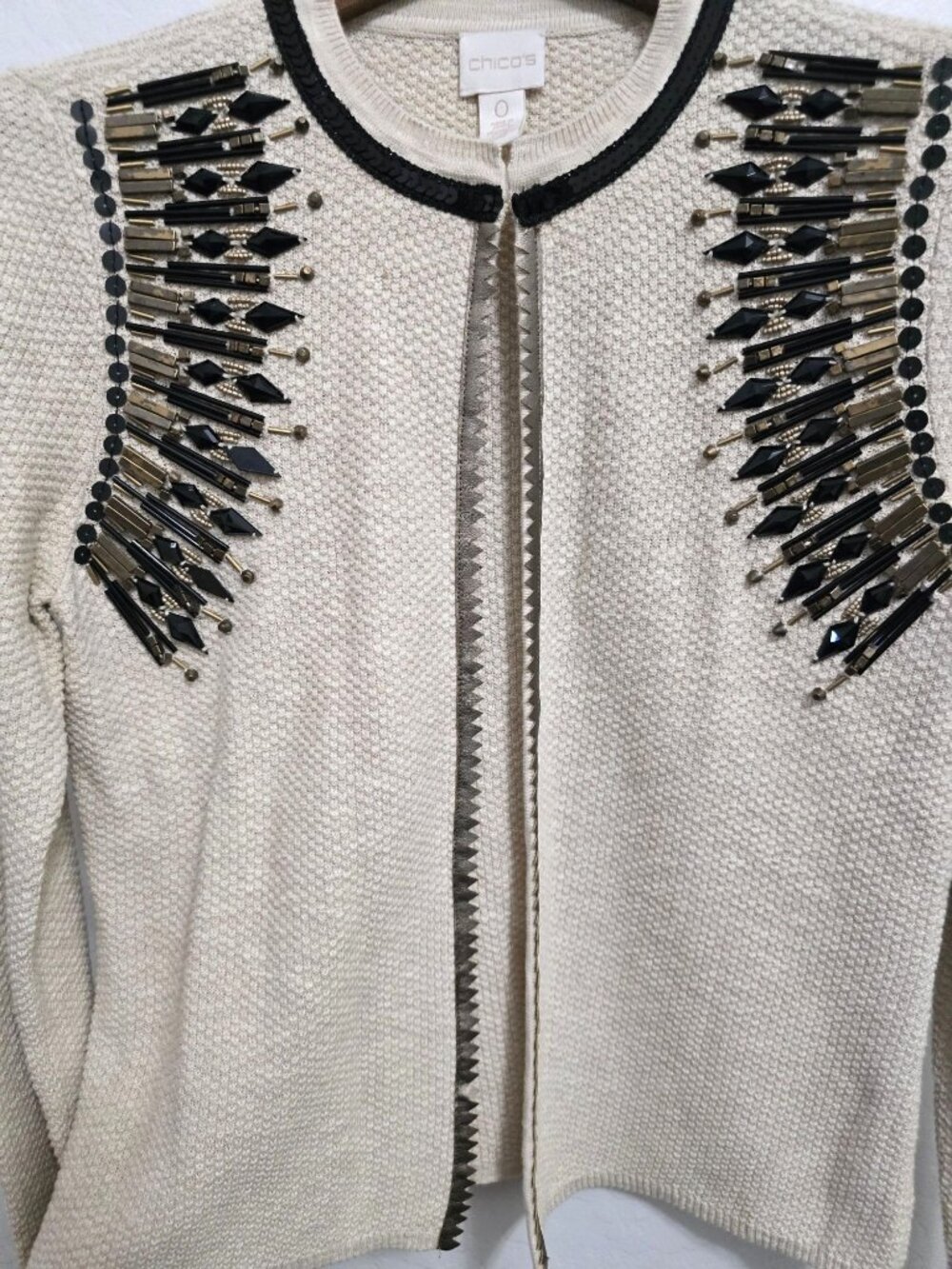 Chicos Size 0 Beige Beaded Embellished Cardigan Sweater Cotton Blend - Picture 10 of 13